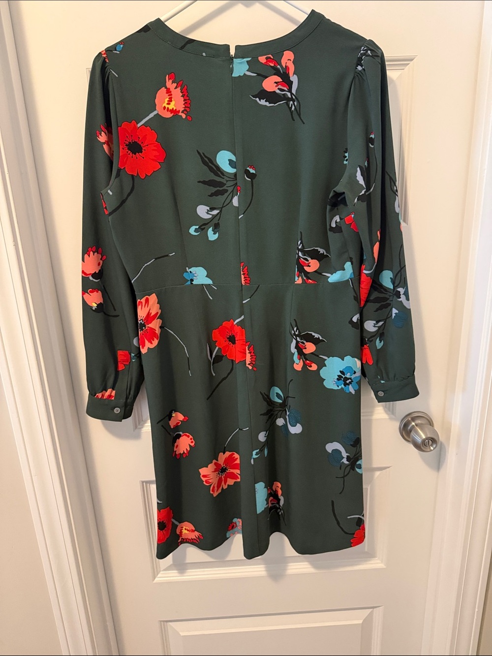 LOFT Dark Green Floral Long Sleeve Dress with Red & Teal Blooms - Picture 3 of 3